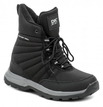 Dámska zimná členková obuv značky DK na šnurovanie, vyrobená z kombinácie syntetického a textilného vodeodolného SOFTSHELL materiálu.