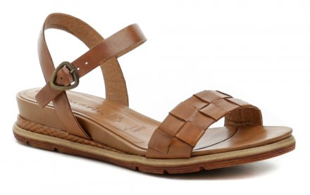 Dámska letná vychádzková sandálová obuv na miernom kline so zapínaním okolo členku, vyrobená z pravej prírodnej kože.